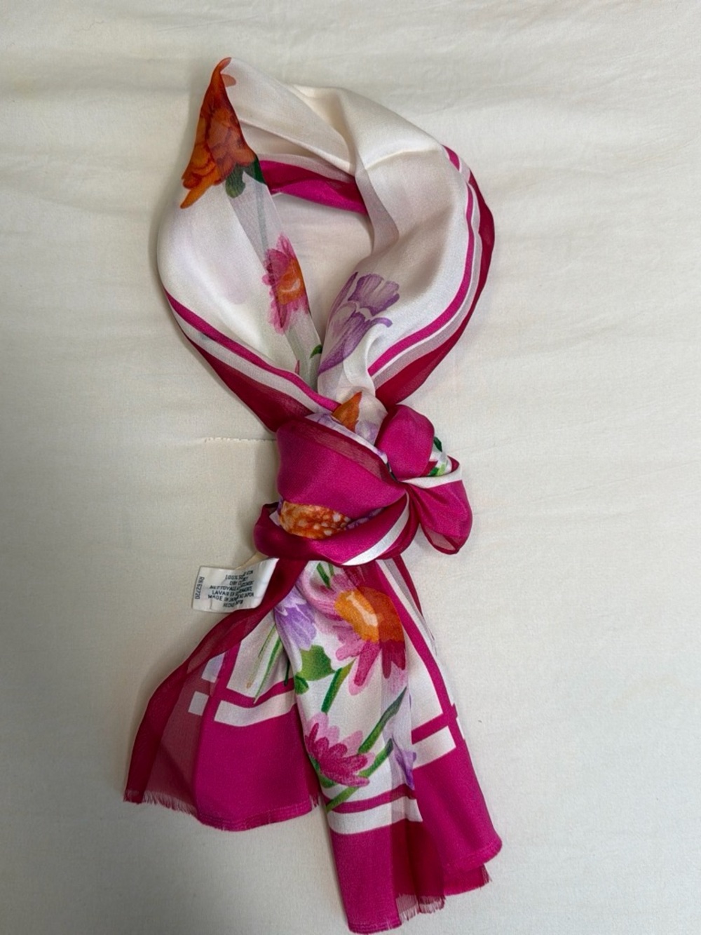 Oscar de la Renta Pink, White and Orange Floral Silk Scarf